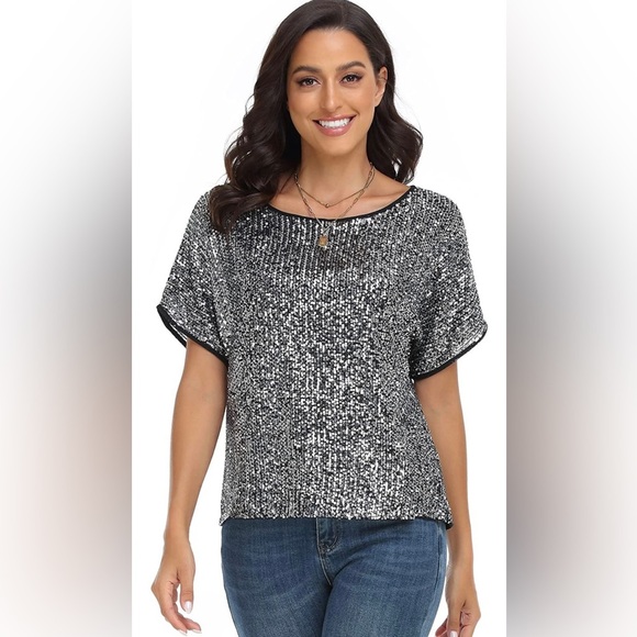 NWOT Blue Bell Full BLACK SILVER SEQUINS TOP - Picture 1 of 7